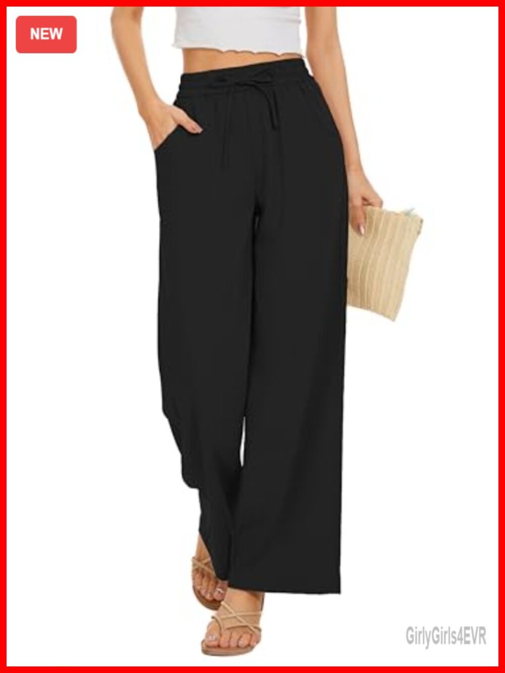 Women Flowy Pants Drawstring Waist Wide Leg Palazzo Beach Pants Loose Fit